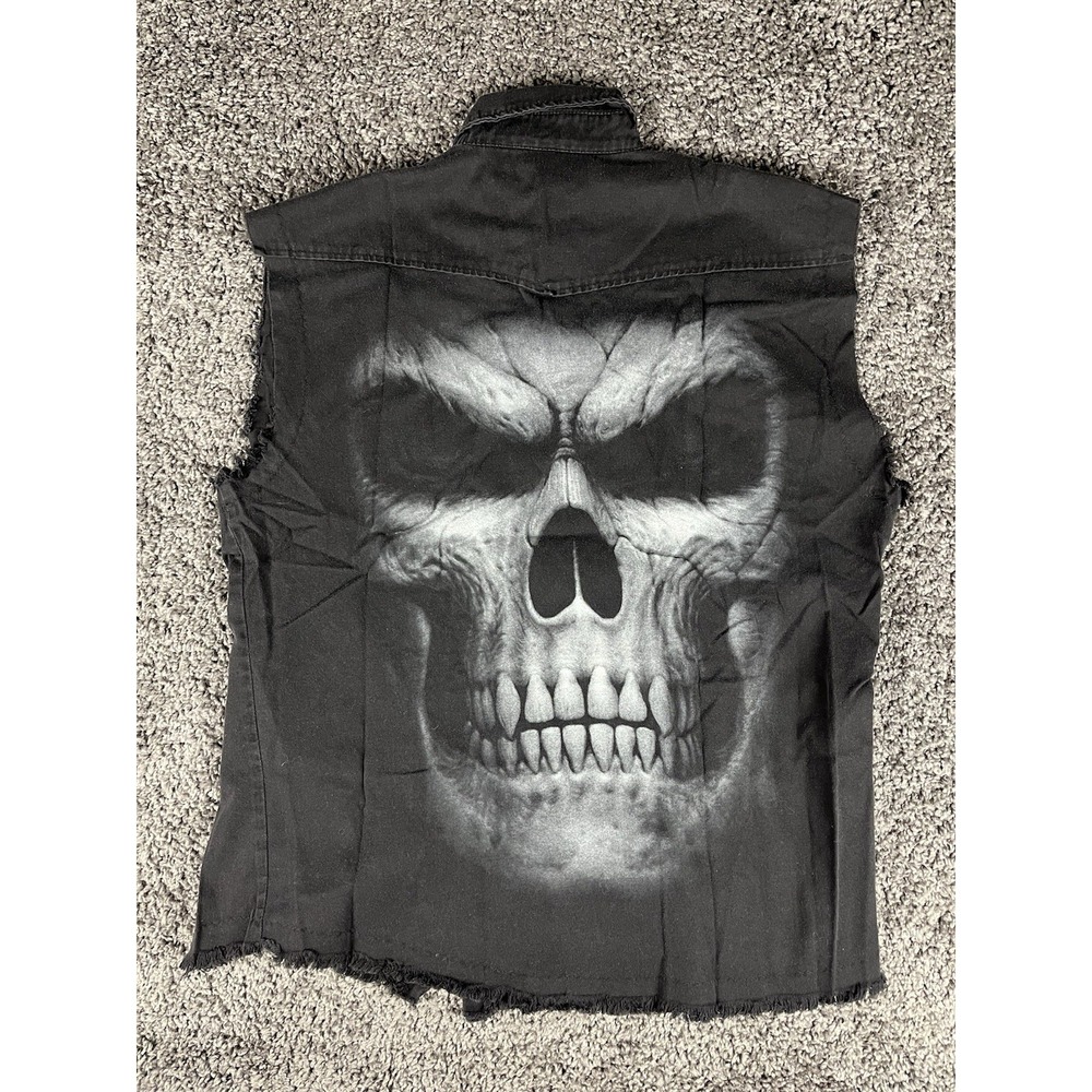 Y2K Spiral HUGE Skull Back Graphic Pearl Snap Vest Mens 2XL, Goth Biker Grunge.